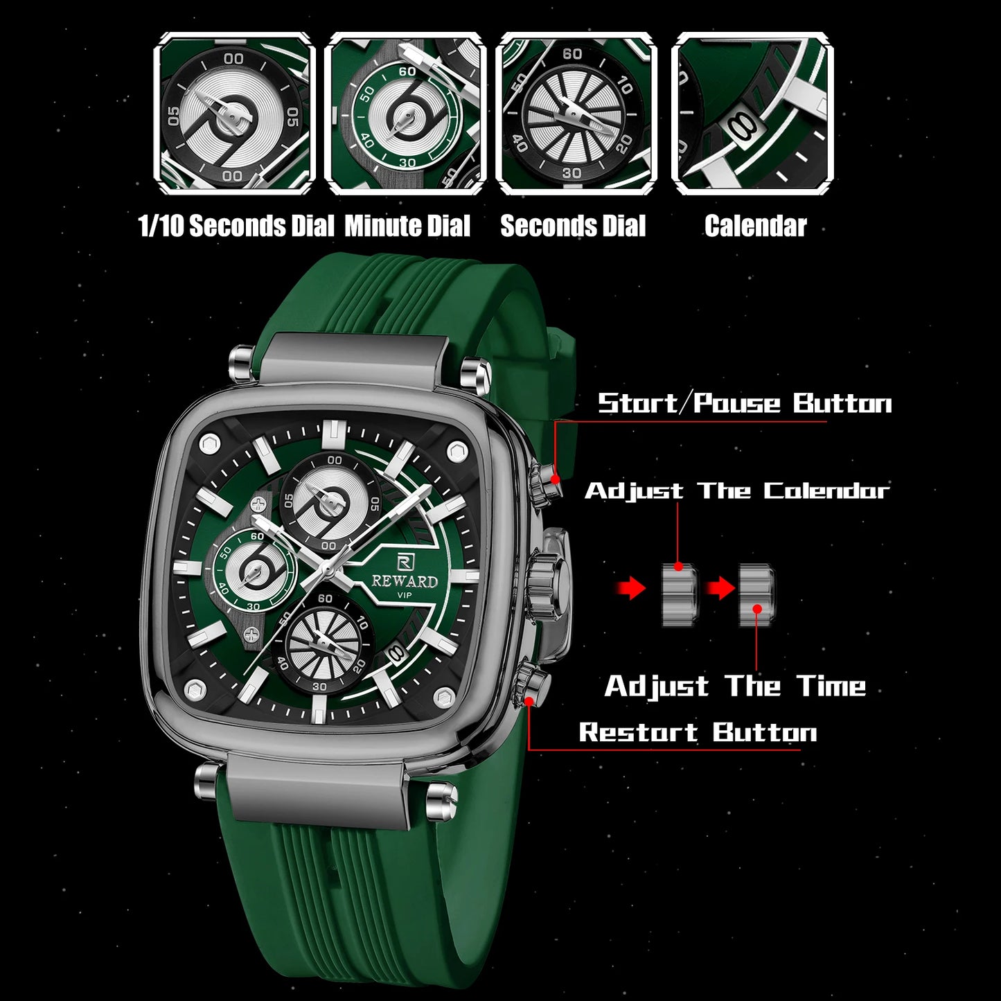 REWARD hottest square men's watch silicone band calendar chronograph fashion sport quartz watch men