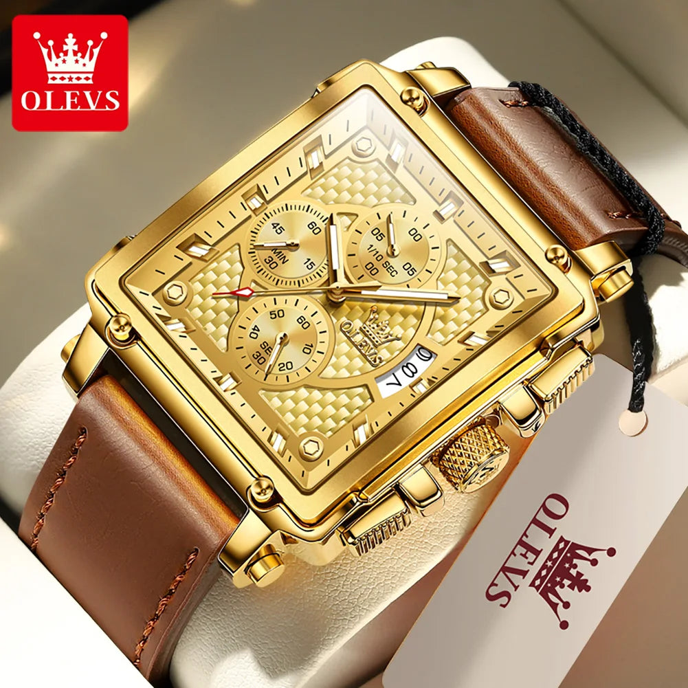 OLEVS Top Brand Men's Square Quality Quartz Wristwatch Chronograph Waterproof Original Watch for Man Luminous Date Luxury