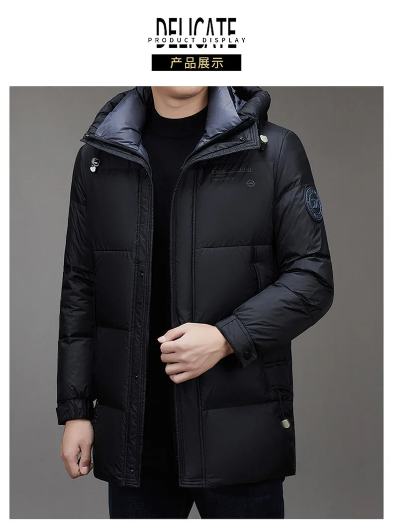 Light Luxury Down Jacket Men's Long Winter 2024 Trendy 90% White Duck Down Warm Coat Business Casual Hat Lightweight Down Jacket