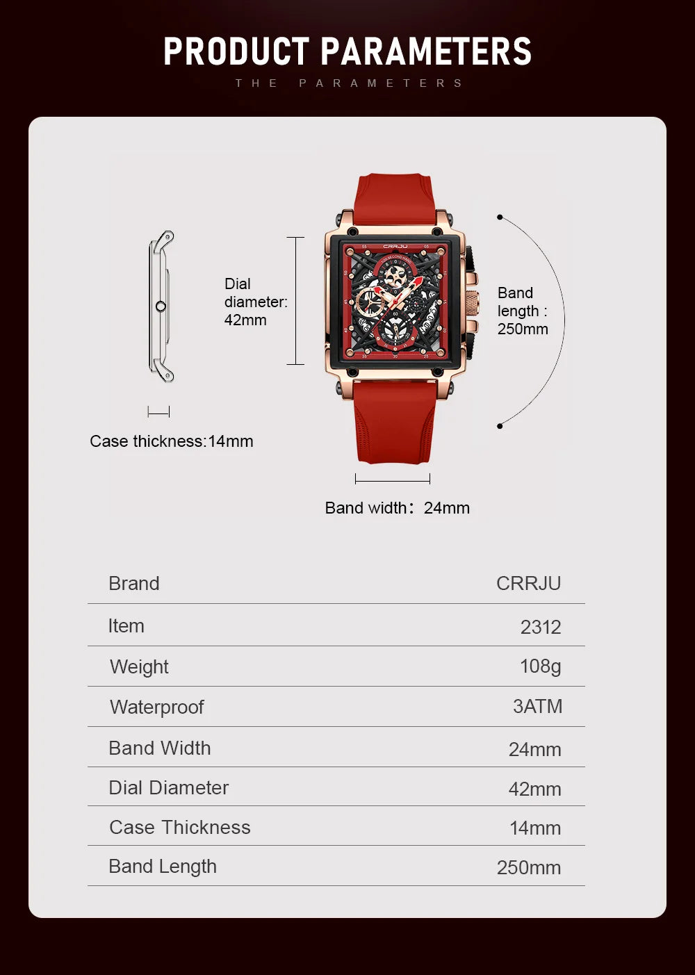 CRRJU Fashion Sports Watches with Large Dial Unique RectangularHollow Design Quartz Wristwatches with Chrongraph Auto Date