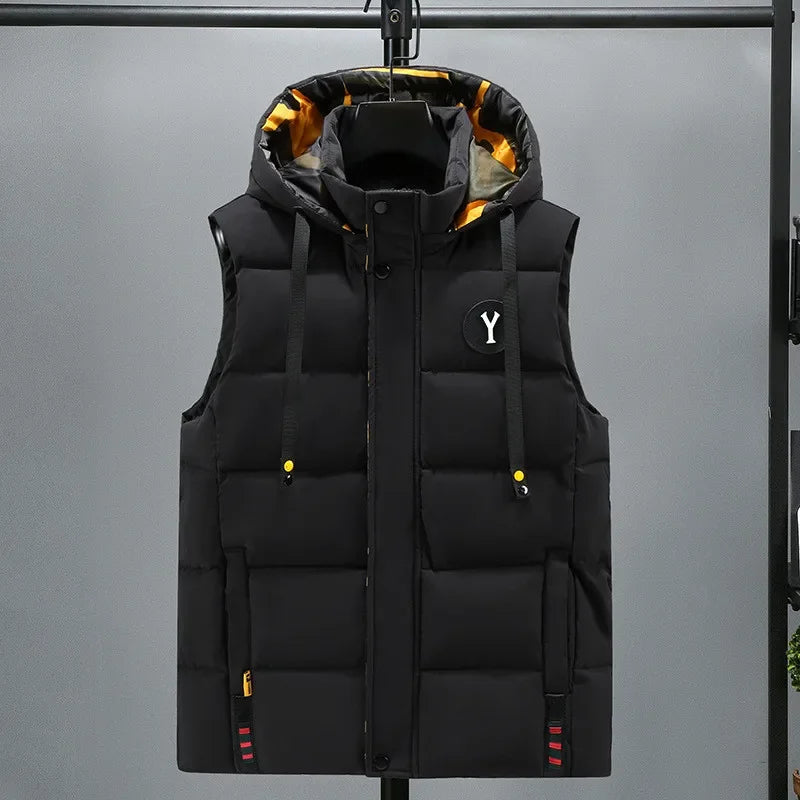 Vest for Men Cotton Warm Sleeveless Coat Hat Detachable Padded Winter Waistcoat Work Wear Male High Quality Clothes 5XL