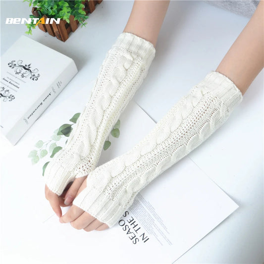 Women's Long Fingerless Gloves Winter Punk Warm Oversleeves Knitted Half Finger Twist Arm Sleeve Mitten Keep Warm Arm Warmer