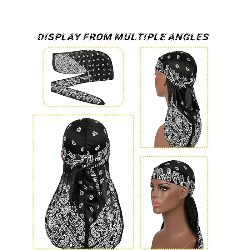 New Men's Silky Durags African Print Headwrap for Women Long Tail Pirate Hat Biker Hear Wear Bandanas Turban Hair Accessories