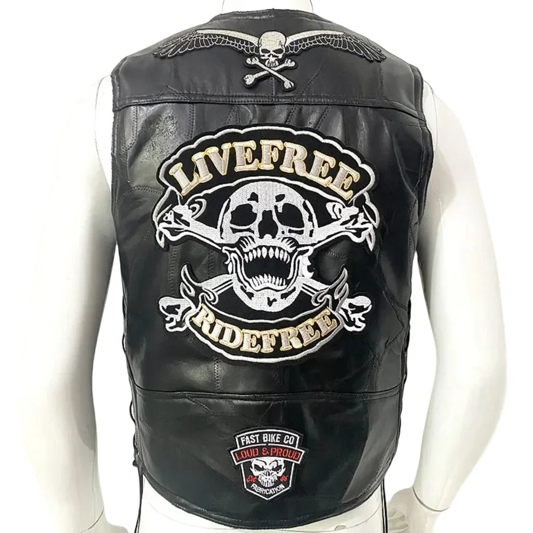 Motorcycle Leather Vest Embroidered Patch Moto Sleeveless Jacket Cycling Casual Street Vest Motorcycle Club Punk Vest