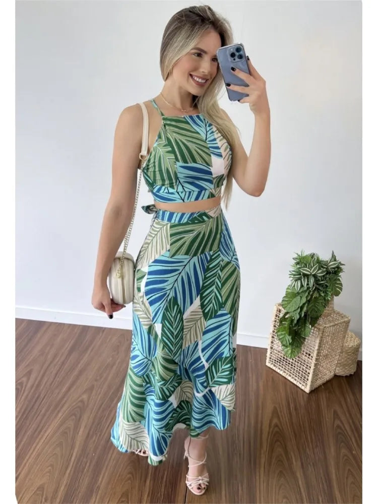 Women's Summer Vacation suit Leisure Print Hanging Strap Neck Top Tie up Half Skirt Beach Style Women's Elegant Two Piece Set