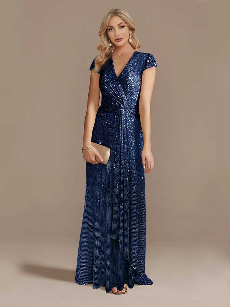 Lucyinlove New Luxury Blue V-Neck Sequin Evening Dresses Elegant 2024 Women Party Maxi Dress Gowns Long Cocktail Dress Prom