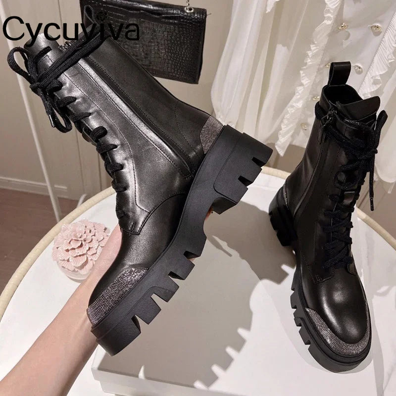 Autumn New Thick Sole Platform Chelsea Boots Women Rice White Suede Lace Up Mid Calf Short Boots Chunky Flat Heel Knight Boots