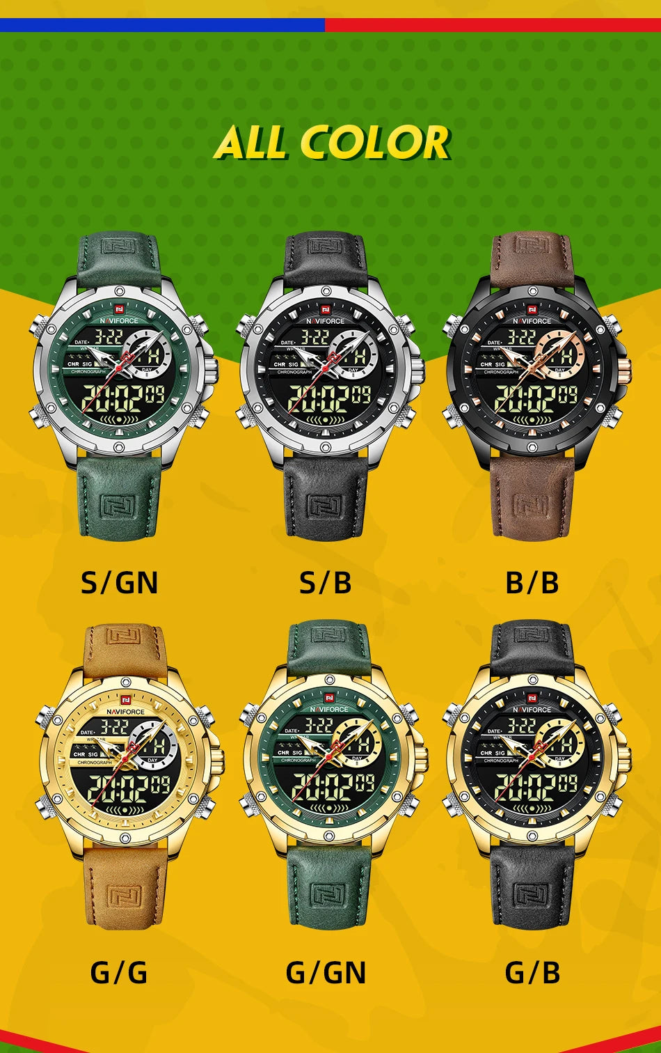 NAVIFORCE Mode Herren Casual Grüne Leder Uhr Militärische Wasserdichte Digital Chronograph Quarz Mann Armbanduhr Männlichen Wecker