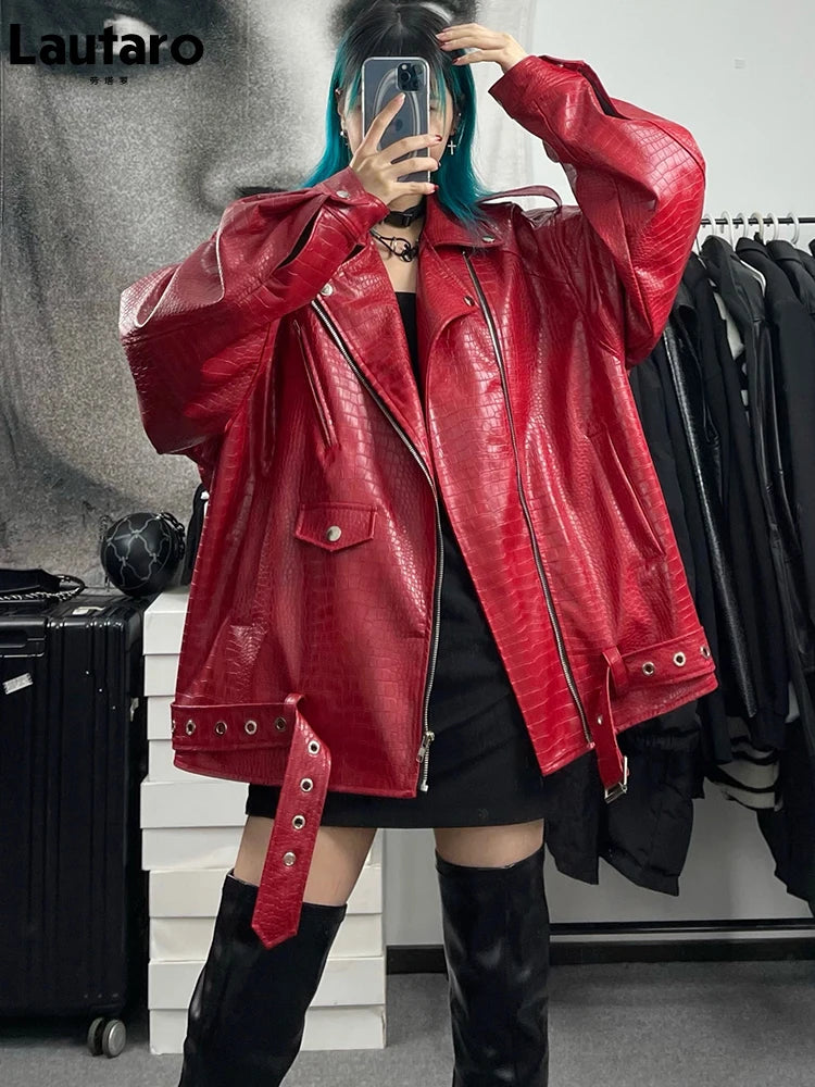 Lautaro Frühling Herbst Übergroßen Rot Glänzend Krokodil Muster Leder Biker Jacke Frauen Langarm Zipper Gürtel Coole Mode 2022