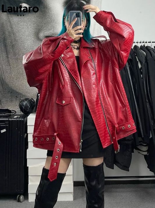 Lautaro Spring Autumn Oversized Red Shiny Crocodile Pattern Leather Biker Jacket Women Long Sleeve Zipper Belt Cool Fashion 2022