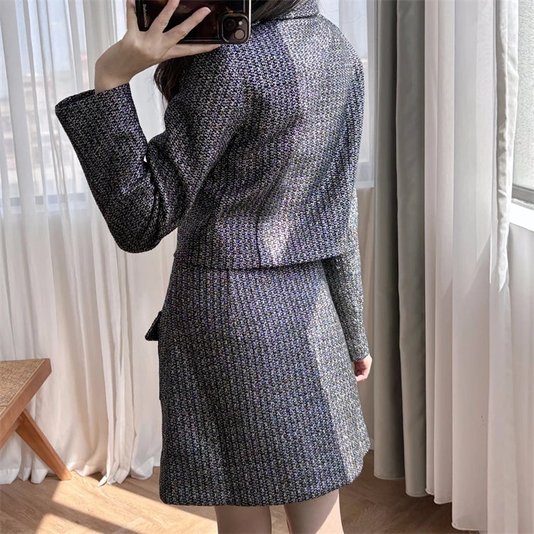 New 2024 High Quality Women Skirt Suit Cropped Tweed Jacket and Short Skirt Buttons Fastening Mini A-Line Elegant High Street SP