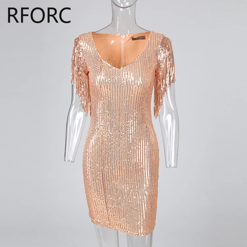 2023 Women Chic Sequins V Neck Tassels Mini Bodycon Party Dress