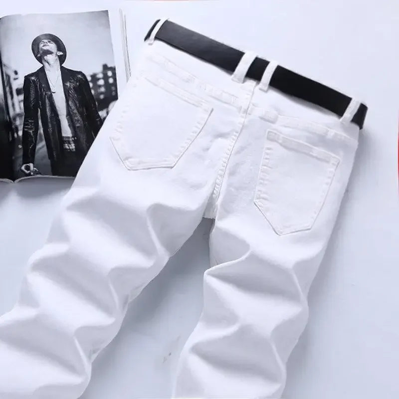 Pure White Jeans Men's Elastic Korean Style Slim Fit Youth Slimming Straight Leg Business Casual Middle Age High End Pants