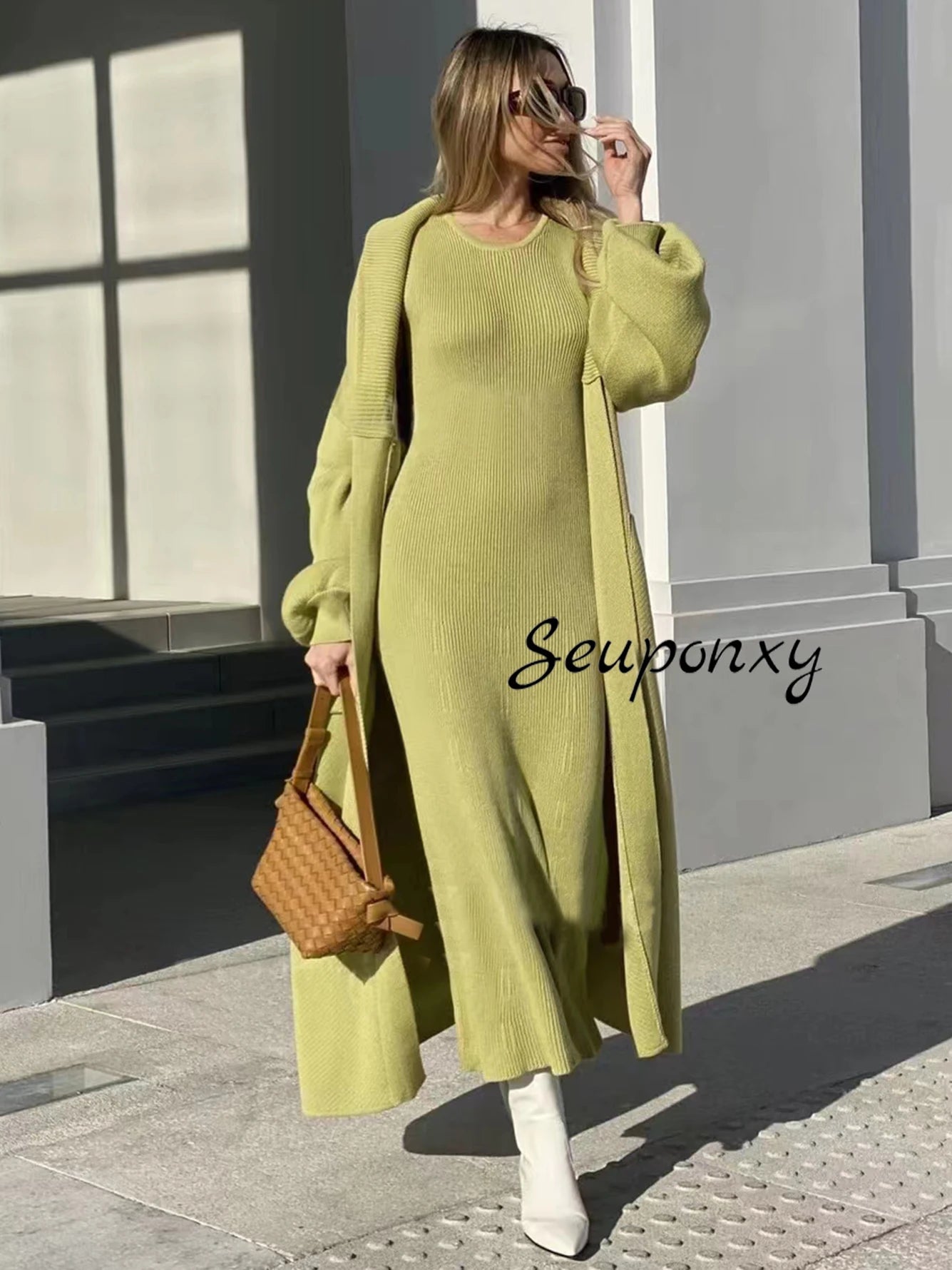 High Quality Women'S Solid Color Knitted Set, Sexy Long Sleeved Loose Long Cardigan Jacket+Sleeveless Dress Casual Two-Piece Set