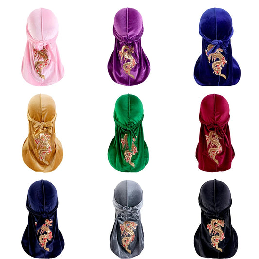 New China fashion Men's dragon pattern velvet Durags Bandanas Headwear Men DuRag Turban Hat Headband Hair Accessories Waves Cap