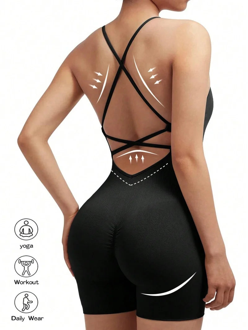 Sexy Fitness Jumpsuit Women Cross Adjustable Sports Playsuit Running One Piece Yoga Suit Scrunch Shorts Backless Set Romper