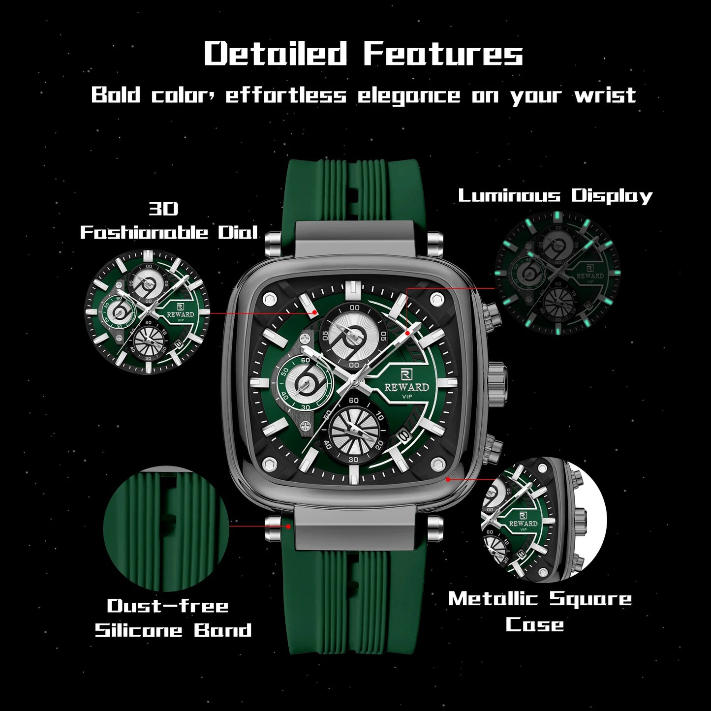 REWARD hottest square men's watch silicone band calendar chronograph fashion sport quartz watch men