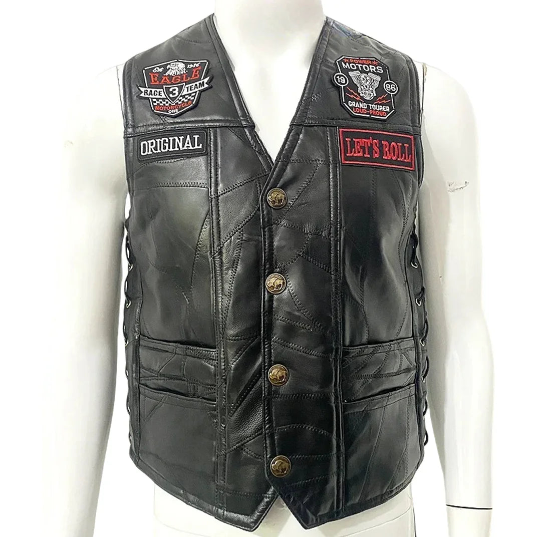 Motorcycle Leather Vest Embroidered Patch Moto Sleeveless Jacket Cycling Casual Street Vest Motorcycle Club Punk Vest