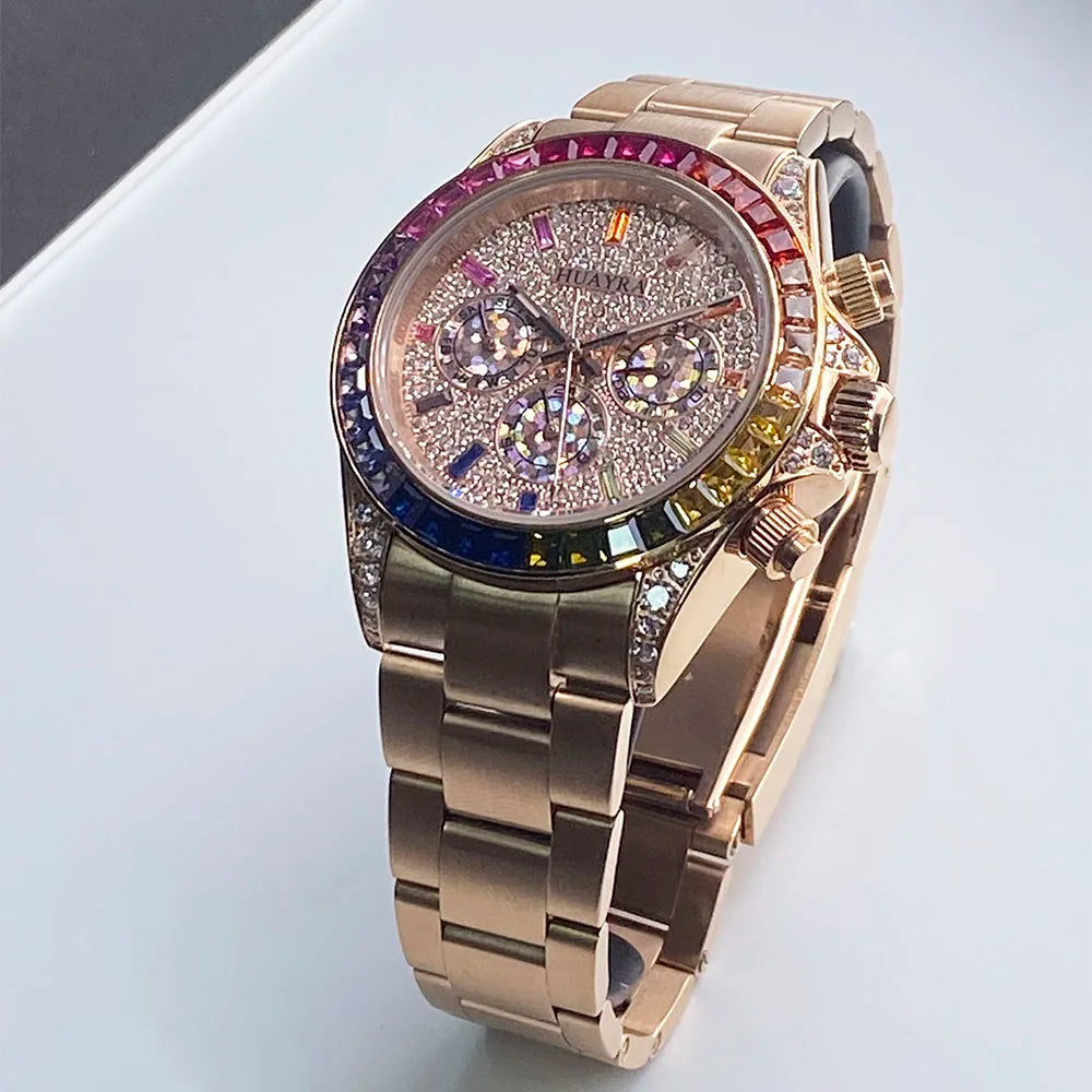 New 40mm Rainbow Shell Panda Three Eyes Watch Men's Automatic Mechanical Watch Color Diamond dial Three Eyes Stainless Steel