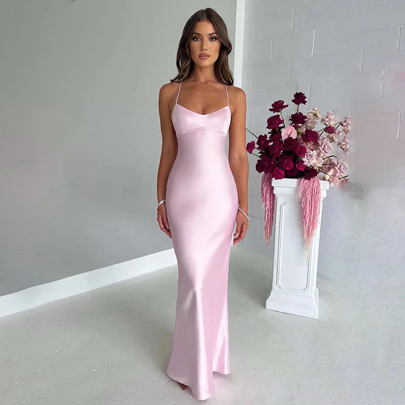 Summer Long Dress Women Evening Dresses Fashion Sexy Club Party Dresses Suspender Satin Dress Backless Strappy Waist Long Skirt