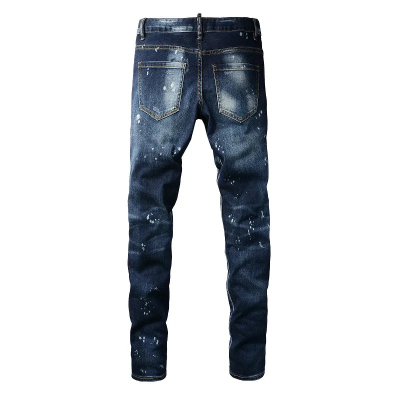 Men Holes Patchwork Denim Jeans Streetwear Dark Blue Stretch Pants Painted Skinny Tapered Trousers