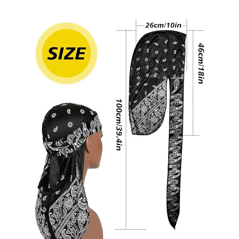 New Men's Silky Durags African Print Headwrap for Women Long Tail Pirate Hat Biker Hear Wear Bandanas Turban Hair Accessories