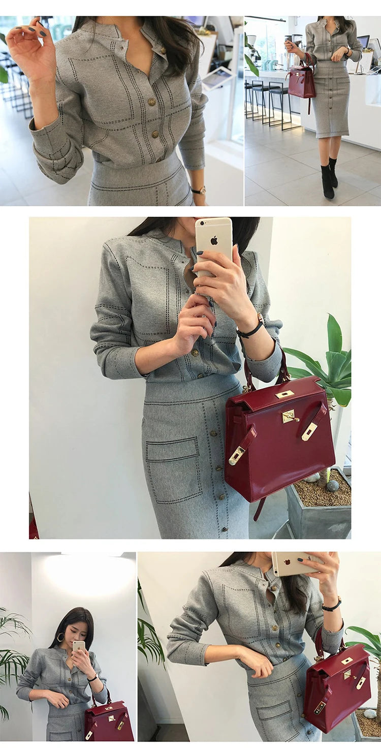 Fashion Korean 2 Pieces Outfits Women Elegant Formal Casual Coat Tops Sweater Jackets High Waist Bodycon Midi Skirt Sets Work