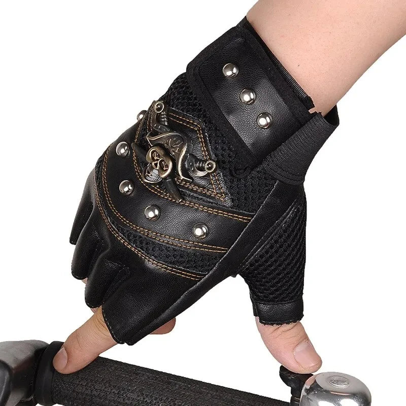 Pirate Captain PU Leather Fingerless Gloves Men Women Skulls Rivet Mitts Hip Hop Gym Gloves Female Moto Half Finger Gloves