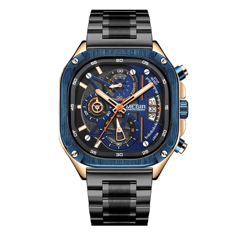 MEGIR 2217 Men Quartz Watch Creative Design Square Dial Chronograph Waterproof Stainless Steel Strap Luminous Date Wristwatch