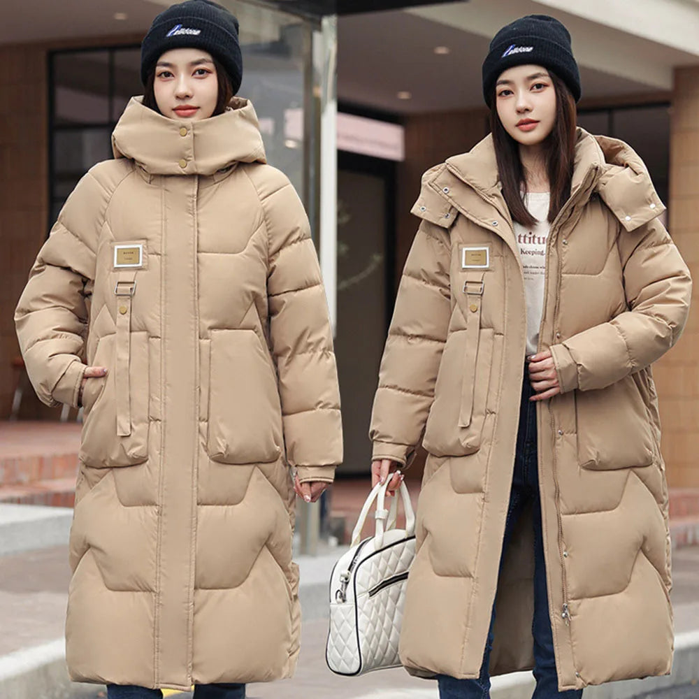 Winter2023 Lange Parkas Damen Daunenmantel Pufferjacke Leder Label Kapuze Große Tasche Polyester Stoff Baumwolle Schnee Outwear