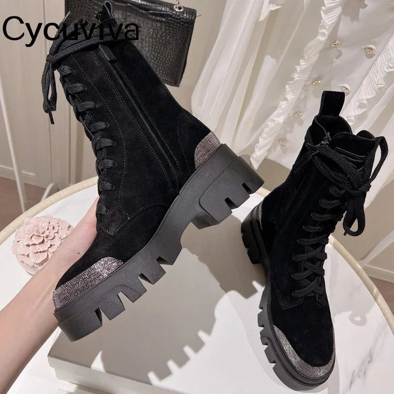 Autumn New Thick Sole Platform Chelsea Boots Women Rice White Suede Lace Up Mid Calf Short Boots Chunky Flat Heel Knight Boots