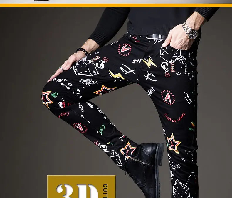 Luxury Mens Denim Pants Hip Hop Graffiti Print Jeans Designer Slim Fit Trendy Black Jeans Stretch Cowboy Cotton Trousers for Men