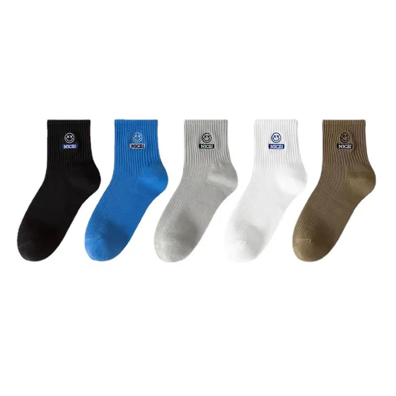 5Pairs Men Summer Thin Smiling Face Medium Tube Socks Tend Letters Sweat Absorption Deodorization Sports Basketball Cotton Socks