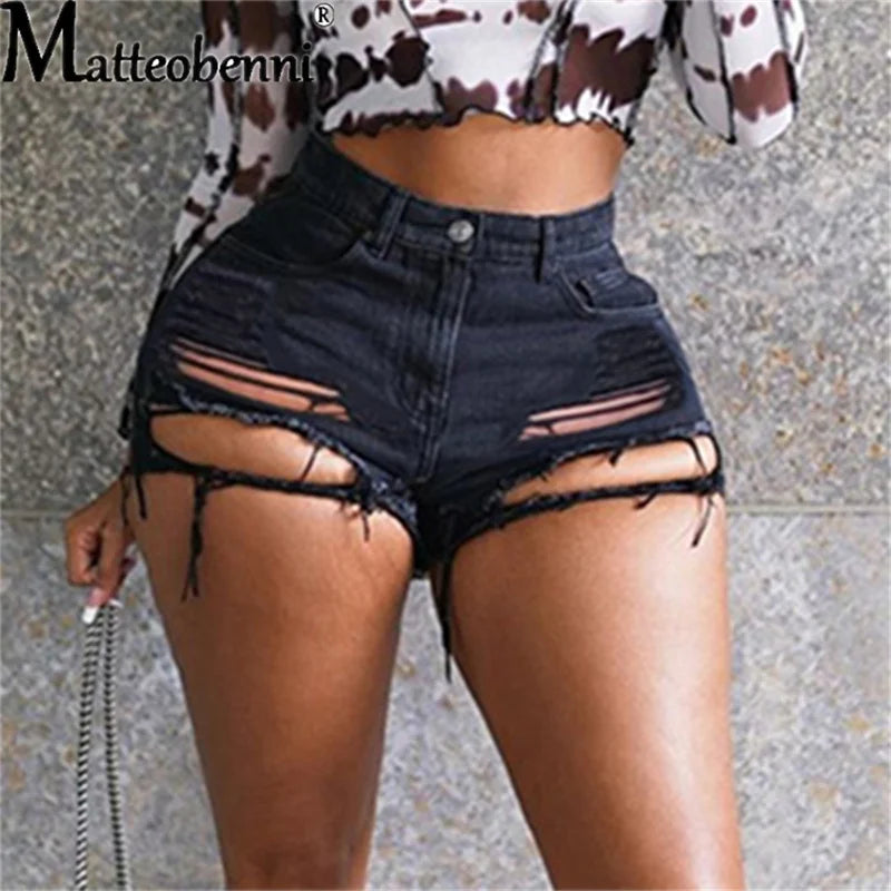 Fashion Sexy High Waist Ladies Denim Shorts 2021 Summer New Women's Ripped Hollow Out Hole Streetwear Shorts Jeans