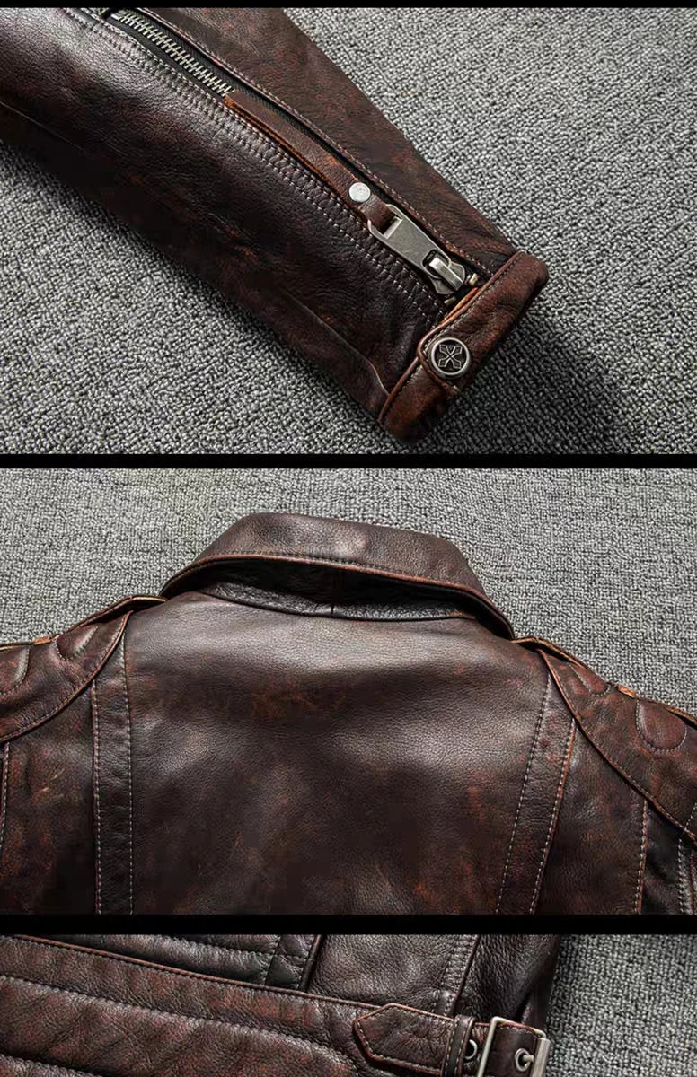 Top Layer Cowhide Leather Jacket Retro Brown Calfskin Motorcycle Suit Men's Slim Heavy Industry Leather Motorcycle Riding Jacket