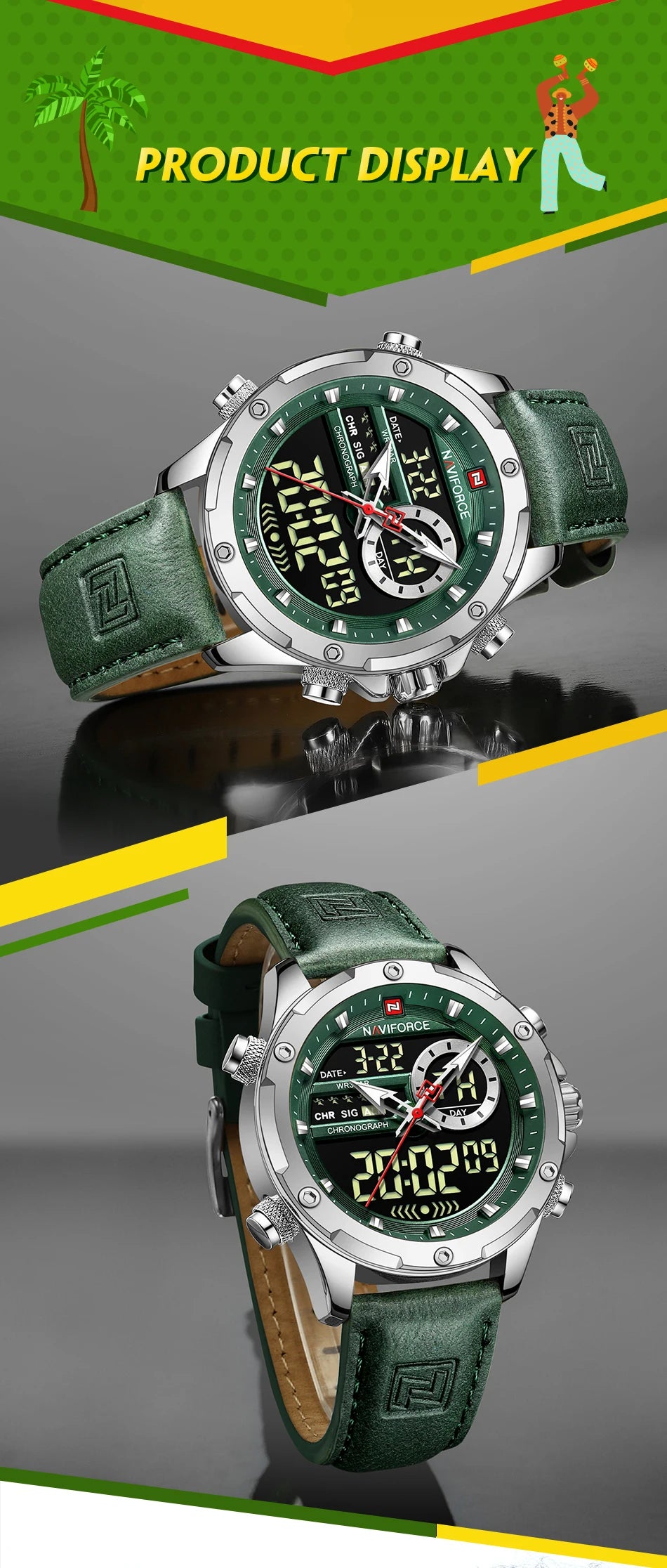 NAVIFORCE Mode Herren Casual Grüne Leder Uhr Militärische Wasserdichte Digital Chronograph Quarz Mann Armbanduhr Männlichen Wecker