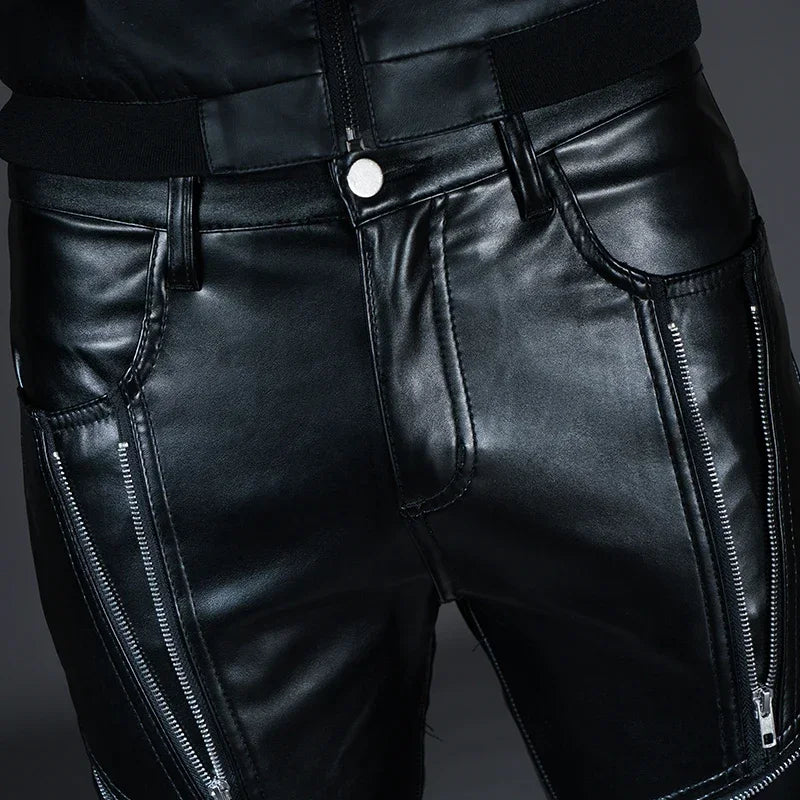 New Winter Mens Skinny Biker Leather Pants Fashion Faux Leather Motorcycle Trousers for Male Stage Club Wear