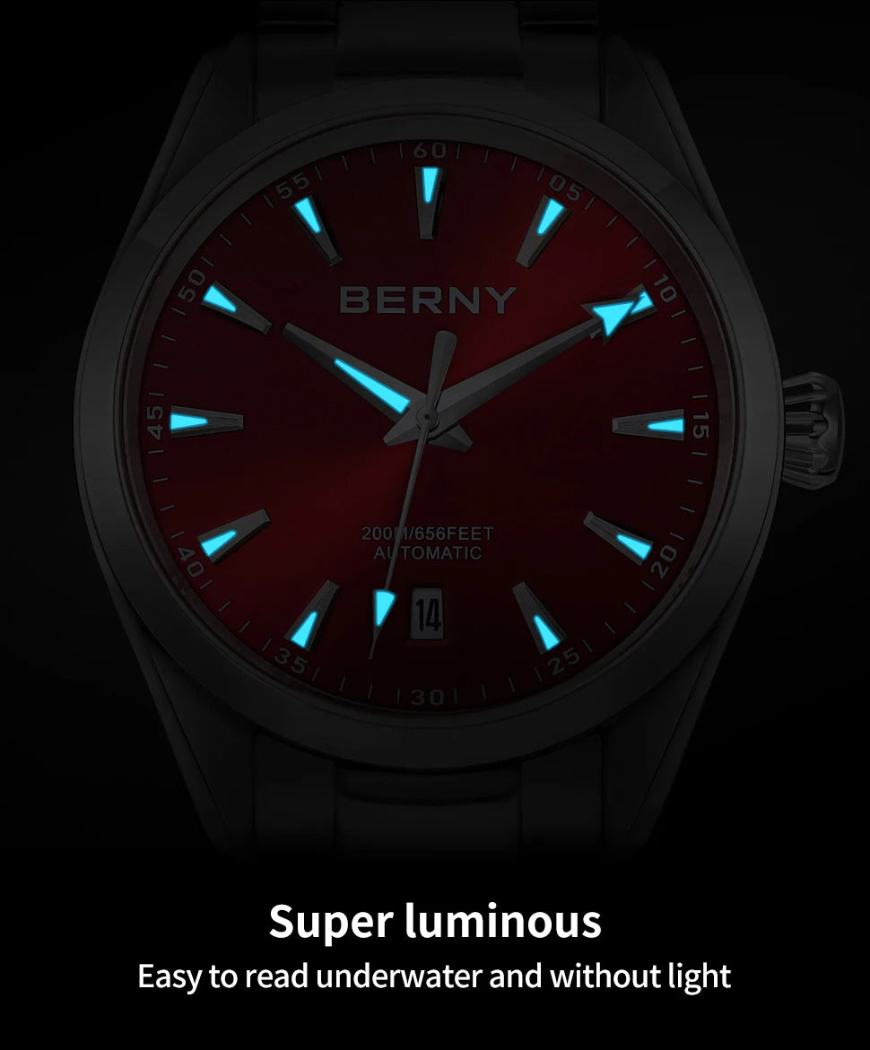 BERNY Automatic Watch for Men AR Sapphire BERNY NH35 Mechanical Male Wristwatch Stainless Steel Luxury 20ATM Waterproof Watches