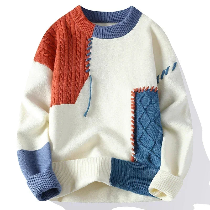 2024 Autumn Winter Warm Sweaters Patchwork Pullovers Korean Style Round Neck Knitted Sweater Men Women Fashion Knitwear