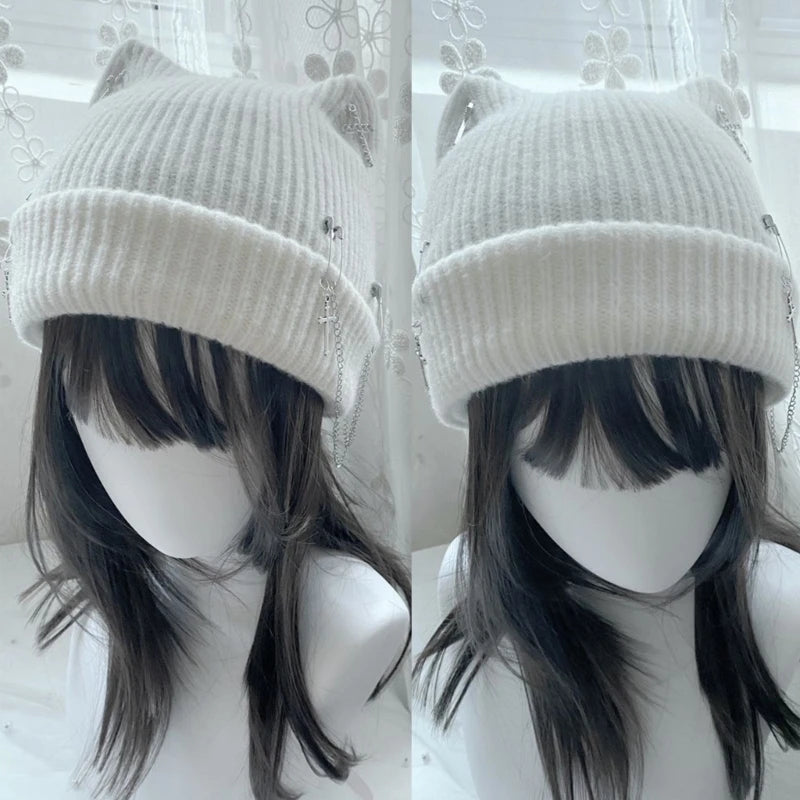 Handwoven Beanie Caps for Female Winter Warm Knitted Hat Y2K Devil Horn Hat for Teens Girl Fashion Anime Hat Headwear