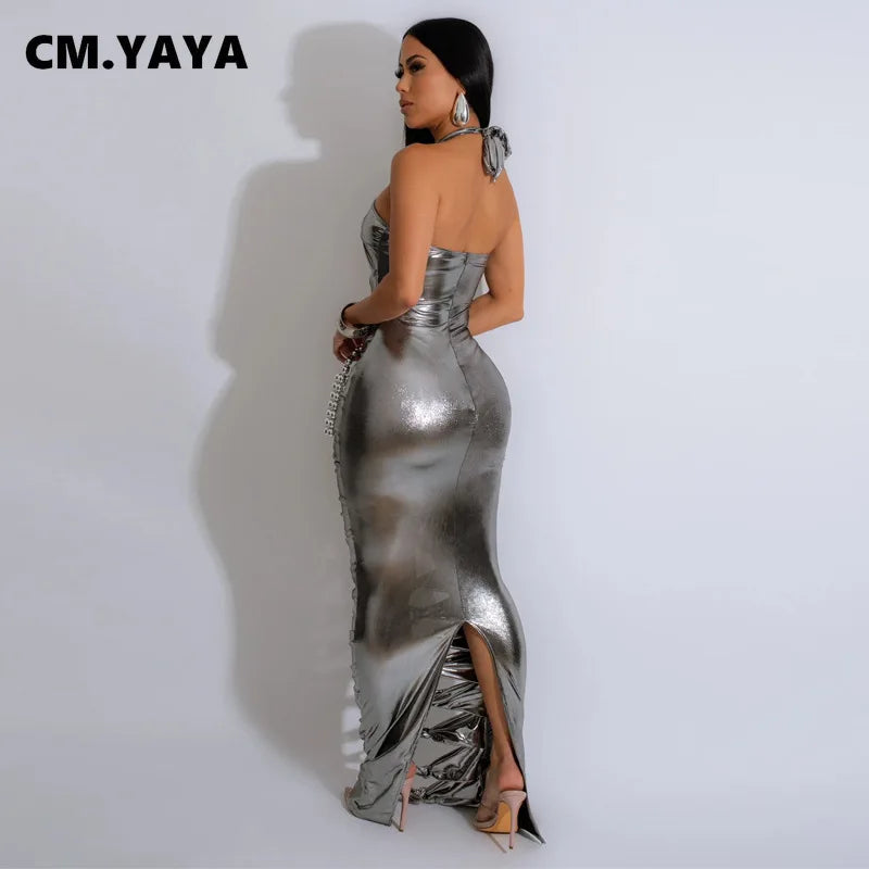 CM.YAYA Women Gilding Halter Neck Roll Hollow Out Sleeveless Birthday Bodycon Midi Maxi Dress 2024 Sexy Party Dresses Vestidos