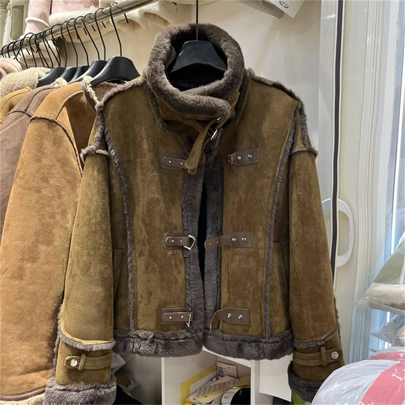 Faux Leather And Fur Integrated Lamb Fur Jacket For Women's 2024 New Winter Thickened Plush Retro Fashion Motorcycle Jacket JF85