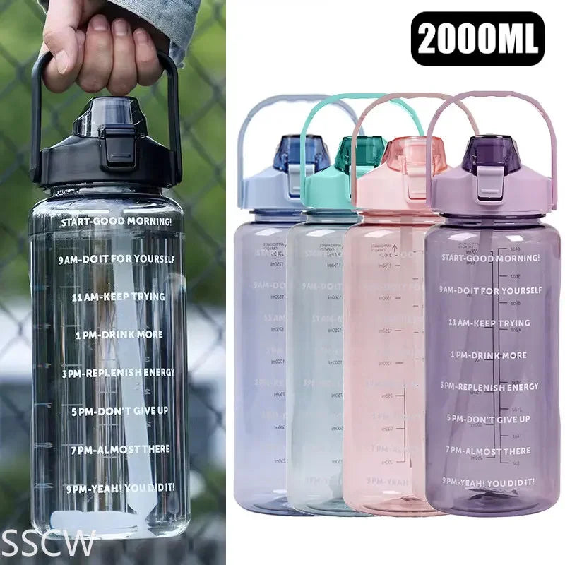 2024 New 2 Liter Sports Water Bottle with Straw Gym Fitness Water Bottles for Men Women Outdoor Cold Drink Plastic Cups