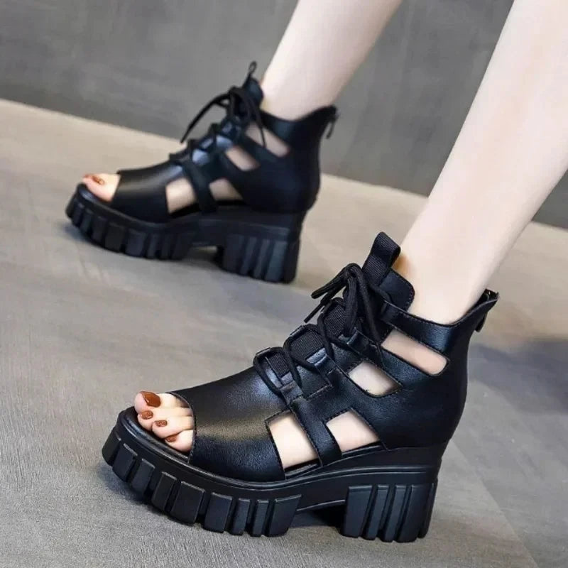 Summer Hollowed-out Breathable Thin Roman Sandals Women New All-match High-heeled Platform Sandals Wedge Platform Shoes