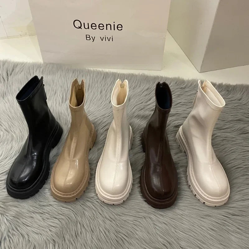 Women's Boots Thick Soled White Women's Shoe 2024 New Autumn Brown Korean Ankle Boots Black Short Boots Zipper Botas Mujer Shoes