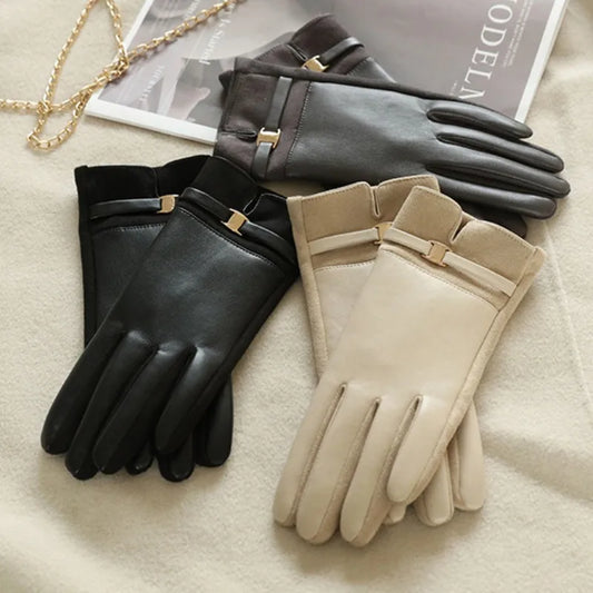 Women Winter Suede Leather Keep Warm Touch Screen Fashion Elegant Gloves Business Style Lightly Waterproof Metal Buckle