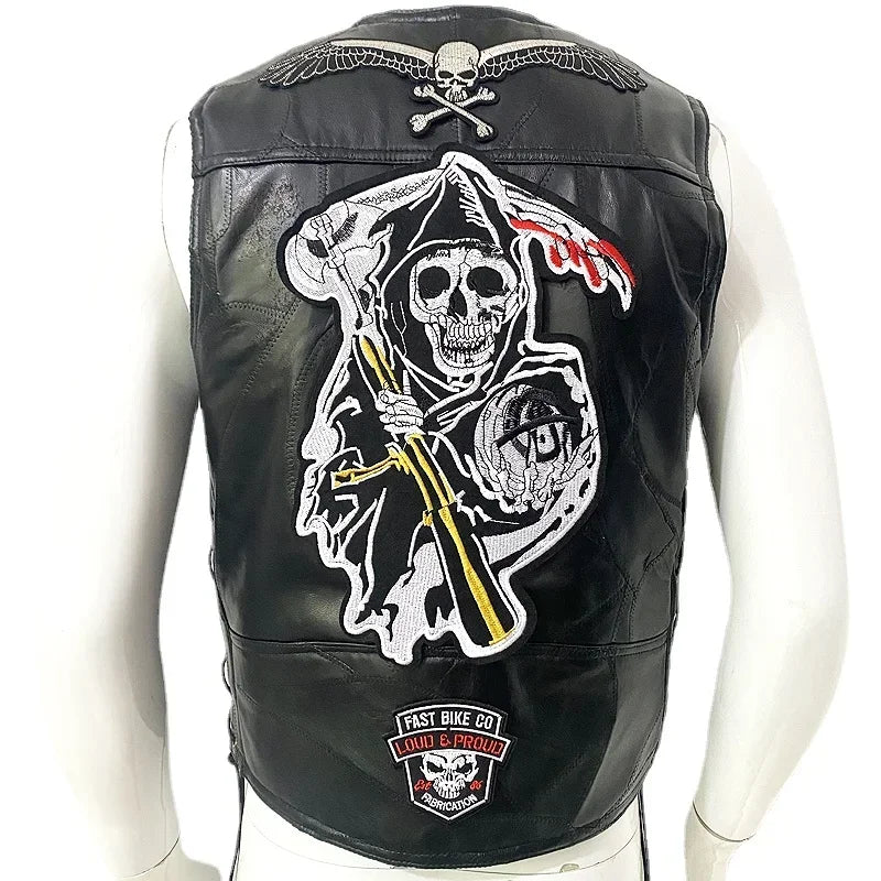 Motorcycle Leather Vest Embroidered Patch Moto Sleeveless Jacket Cycling Casual Street Vest Motorcycle Club Punk Vest