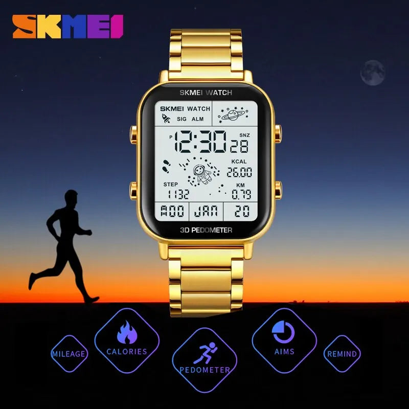 SKMEI Back Light Display Sport Pedometer Digital Watches Mens Stopwatch Countdown Wristwatch Calendar Calorie Calculation Clock