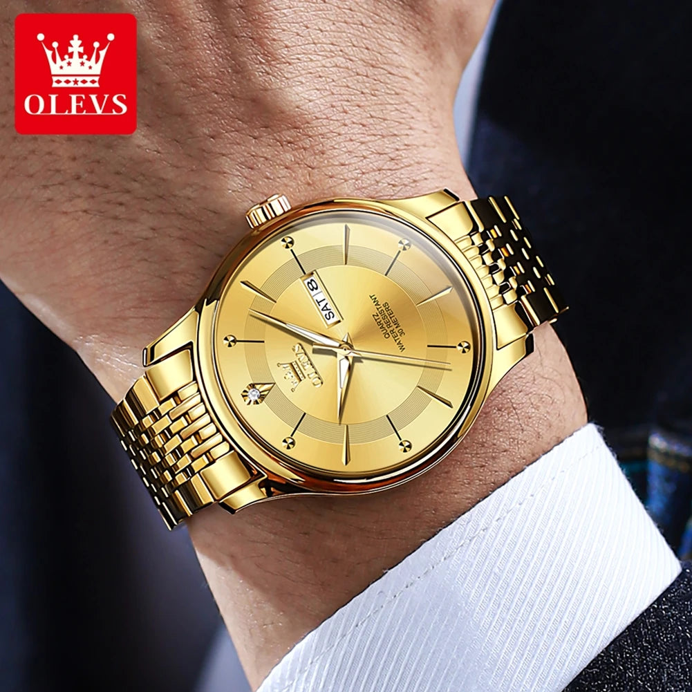 OLEVS Gold Uhr für Männer Original Quarz Uhr Luxus Elegante Woche Datum Leuchtende Wasserdicht edelstahl herren Uhren Trend