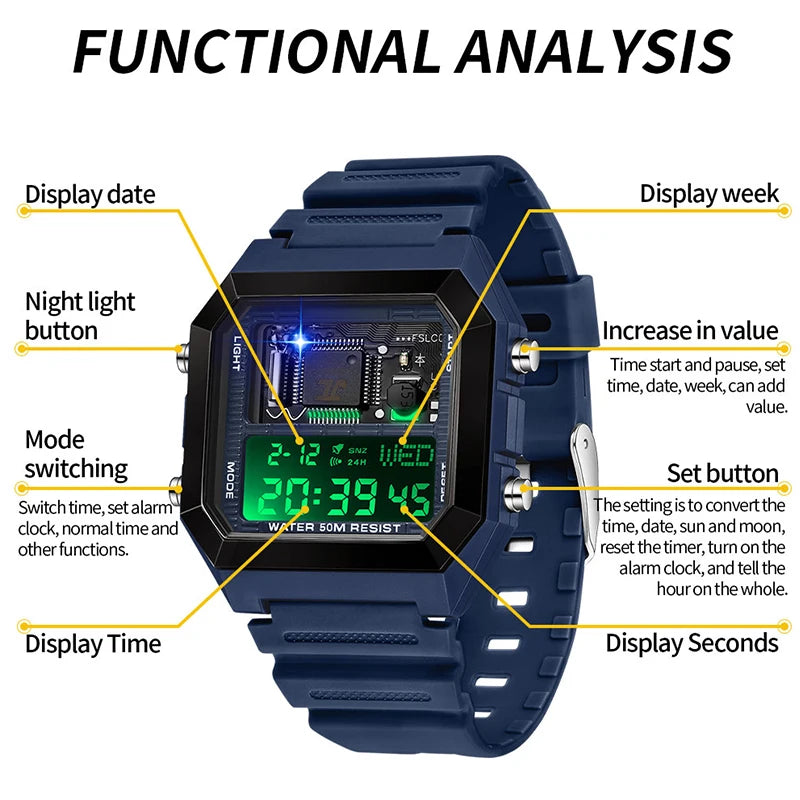 SANDA Fashion Male And Female Student Electronic Watches New Square Multi Functional Waterproof Luminous Countdown Sport Watches